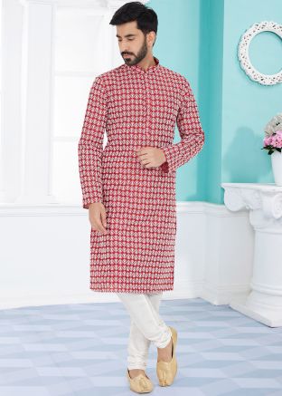 Red Color Cotton Readymade Kurta Pajama