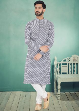 Grey Color Georgette Readymade Kurta Pajama