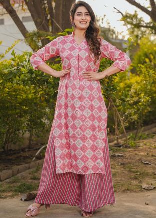 Pink Readymade Kurta Palazzo In Digital Print