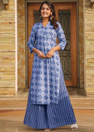 Blue Digital Print Kurta Set In Rayon