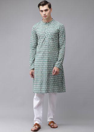 Green Printed Cotton Kurta Pajama
