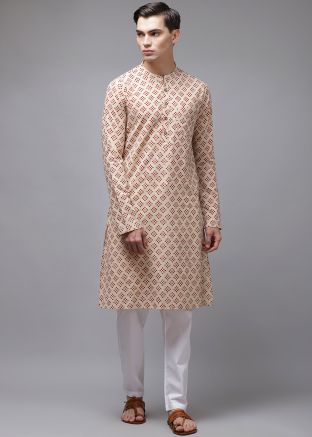 Beige Mens Kurta Pajama In Cotton