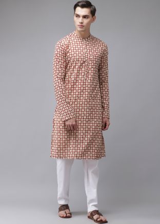 Cream Block Printed Mens Kurta Pajama