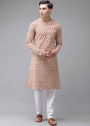 Cream Block Printed Mens Kurta Pajama