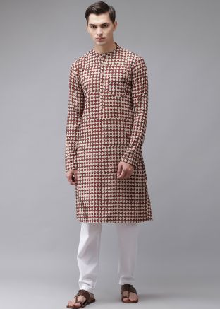 Beige Block Printed Kurta Pajama In Cotton