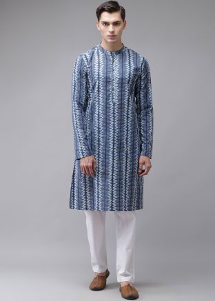 Blue Block Printed Mens Kurta Pajama