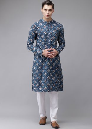 Blue Block Printed Kurta Pajama For Mens