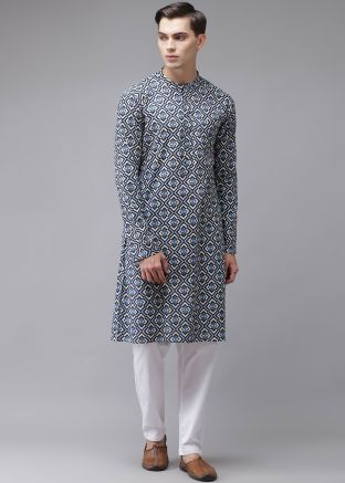 Blue Cotton Mens Printed Kurta Pajama