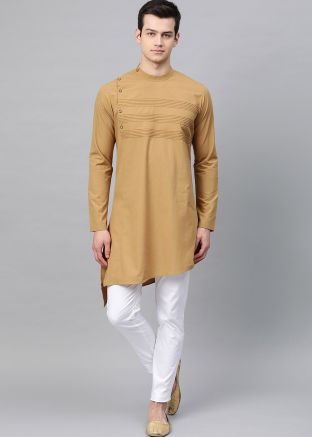 Beige Asymmetric Cotton Kurta Pajama Set