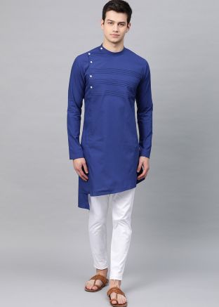 Blue Asymmetric Mens Kurta Pajama Set