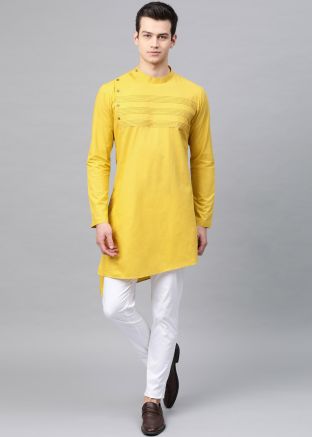 Yellow Embroidered Mens Asymmetric Kurta Pajama