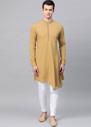 Beige Plain Mens Asymmetric Kurta Pajama