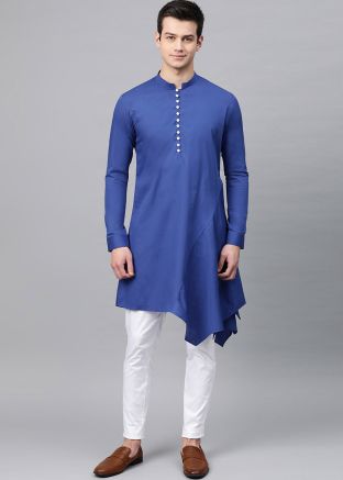 Readymade Mens Blue Asymmetric Kurta & Pajama