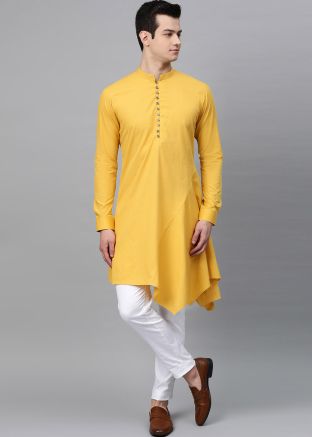 Yellow Mens Asymmetric Kurta With Pajama