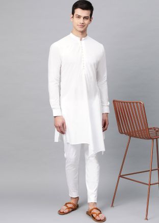 White Mens Kurta Pajama In Asymmetric Style