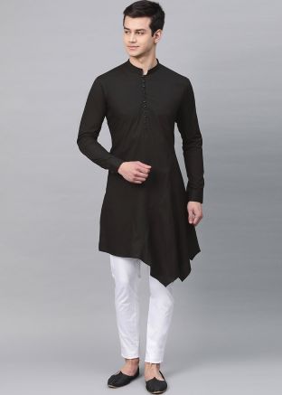 Black Mens Asymmetric Kurta With Pajama In Cotton