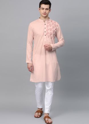 Pink Mens Embroidered Kurta Pajama Set