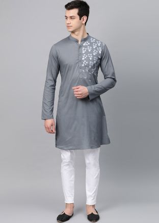 Grey Thread Embroidered Cotton Kurta Pajama