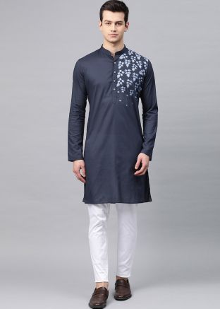 Navy Blue Embroidered Kurta Pajama In Cotton