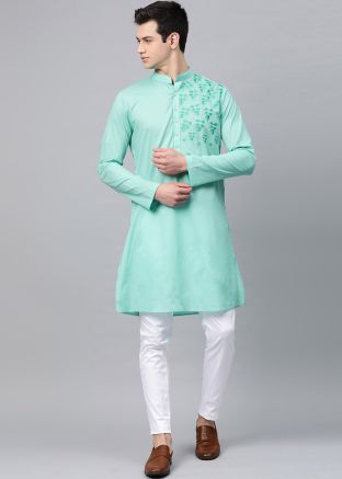 Green Mens Embroidered Kurta Pajama