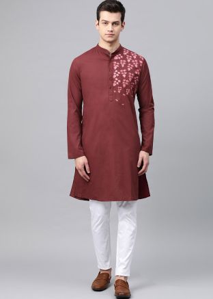 Maroon Embroidered Mens Kurta Pajama