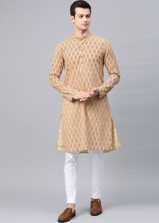 Cream & Brown Printed Kurta Pajama