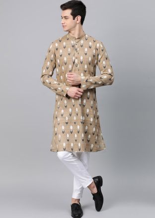 Beige Printed Mens Kurta & Pajama