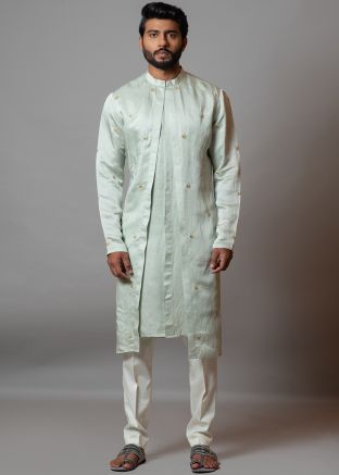 Green Jacket Style Kurta Pajama in Linen