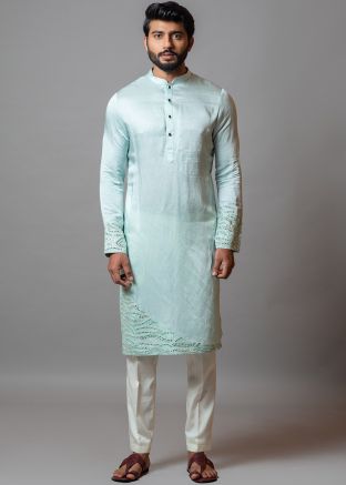 Blue Embroidered Kurta Pajama In Linen