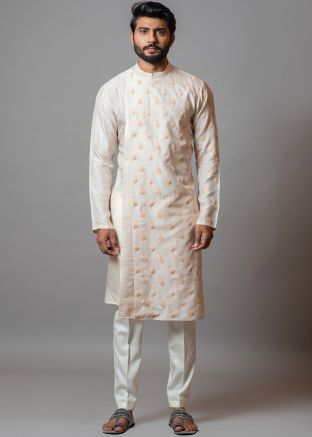 Peach Embroidered Mens Kurta Pajama