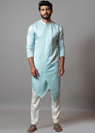 Blue Aasymmetric Linen Kurta Pajama