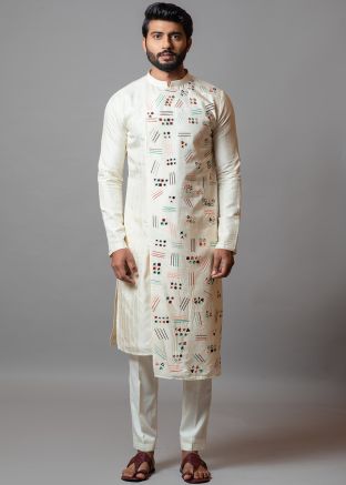 Cream Asymmetric Kurta Pajama In Art Silk