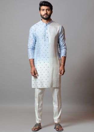 Blue & Cream Shaded Kurta Pajama In Art Silk