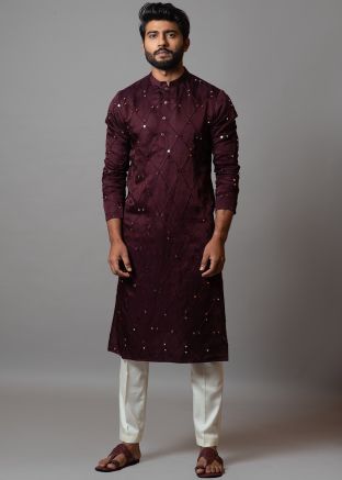 Red Wine Embroidered Kurta Pajama In Linen