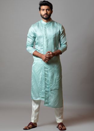 Blue Asymmetric Kurta Pajama In Linen