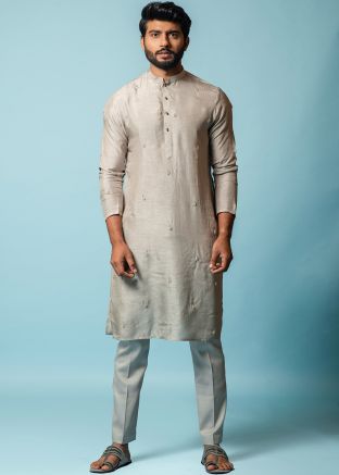Beige Embroidered Kurta Pajama In Art Silk
