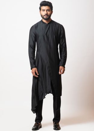 Black Asymmetric Kurta Pajama In Art Silk