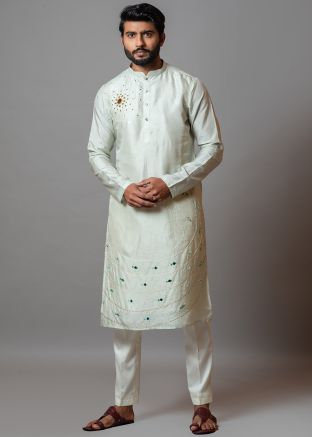 Cream Art Silk Embroidered Kurta Pajama
