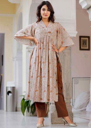 Pastel Brown Printed Cotton Readymade Kurta Set