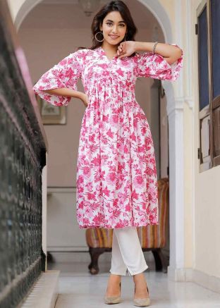 Pink Readymade Printed Kurta Set In Cotton