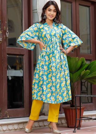 Blue Cotton Readymade Kurta Set In Digital Print