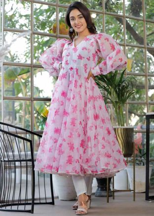 White Readymade Digital Printed Organza Anakali