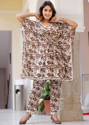 Brown Readymade Cotton Printed Kaftan With Pant
