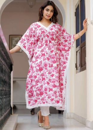 Pink Readymade Printed Kaftan With Pant In Cotton