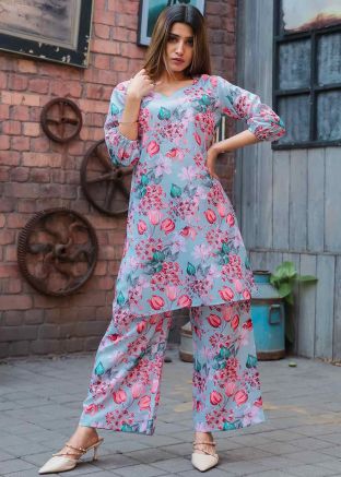 Light Blue Floral Print Cotton Co-Ord Set
