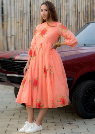 Peach Floral Printed Dress In Cotton