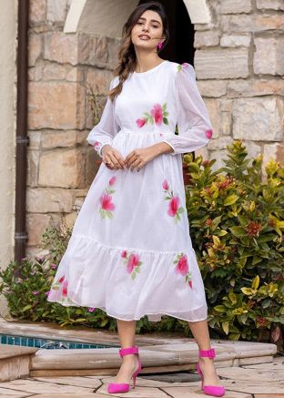 White Cotton Dress In Floral Print