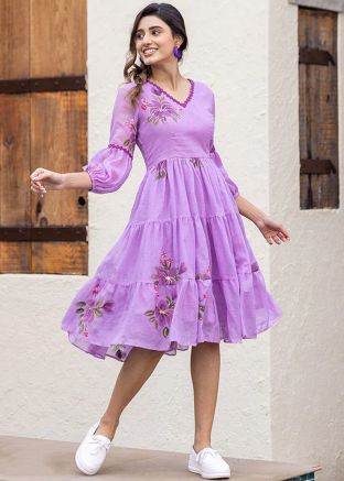 Purple Floral Printed Dress In Cotton