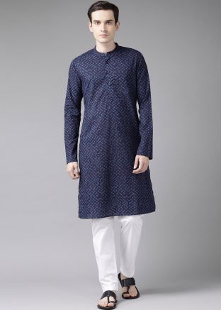 Navy Blue Printed Kurta Pajama In Cotton