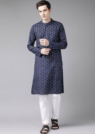 Readymade Navy Blue Printed Kurta Pajama